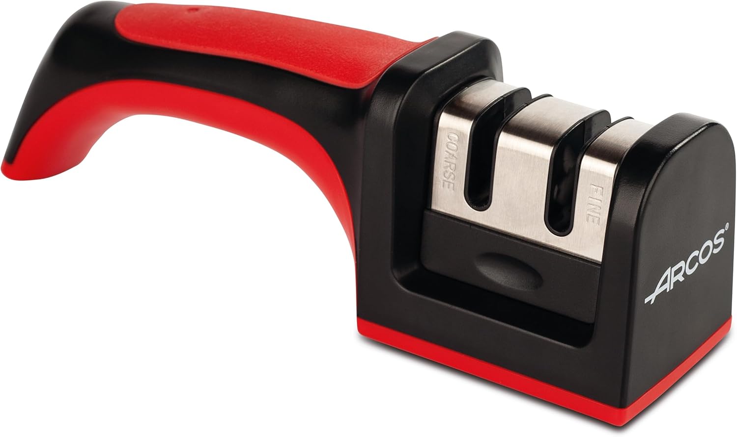 Arcos Sharpeners Manual Knife Sharpener tool. Made of ABS + TPE. Carbide and Ceramic Rollers. Keep Your Knives Razor Sharp. Black and Red Color