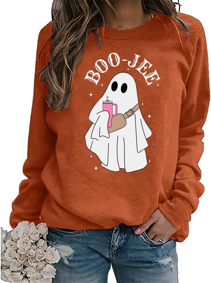FCHICH Halloween Ghost Sweatshirt Women Boo Jee Shirt Spooky Ghost Sweater Casual Fall Long Sleeve Crewneck Pullover Tops