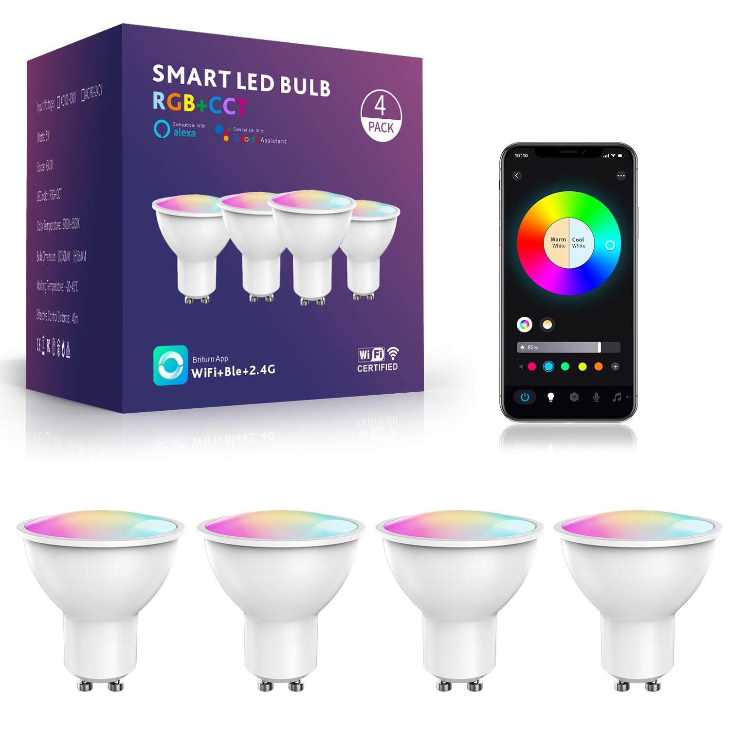 POIUYTO Lampadina LED intelligente GU10, WLAN LED RGBWW, dimmerabile, con 16 milioni di colori fai da te, 420 lm, accessori Smart Home Alexa, controllo vocale, funzionamento con Alexa, Google