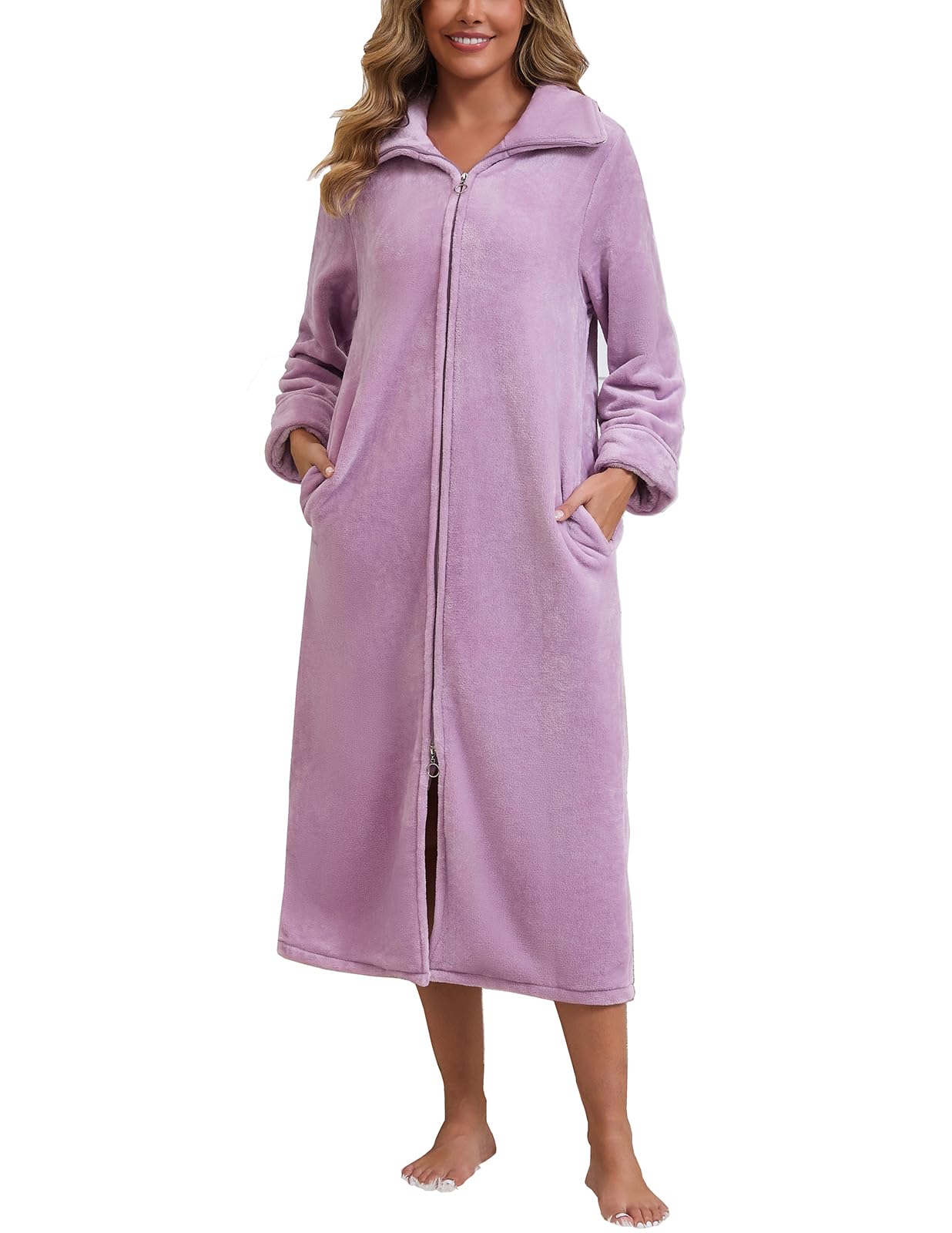 Rubehoow Accappatoio da donna in pile morbido e caldo cappotto di casa peluche flanella cerniera accappatoio con tasche per l'inverno