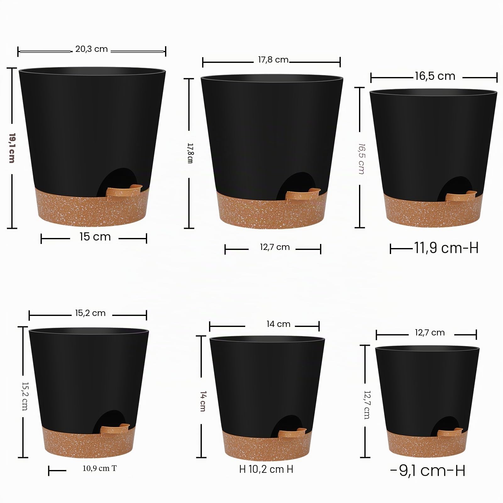 YNNICO Selbstbewässernde Pflanzgefäße für den Innenbereich mit Ablauflöchern und Untersetzern, 20,3 cm, 17,8 cm, 16,5 cm, 14,9 cm, 14,9 cm, Schwarz, 6 Töpfe