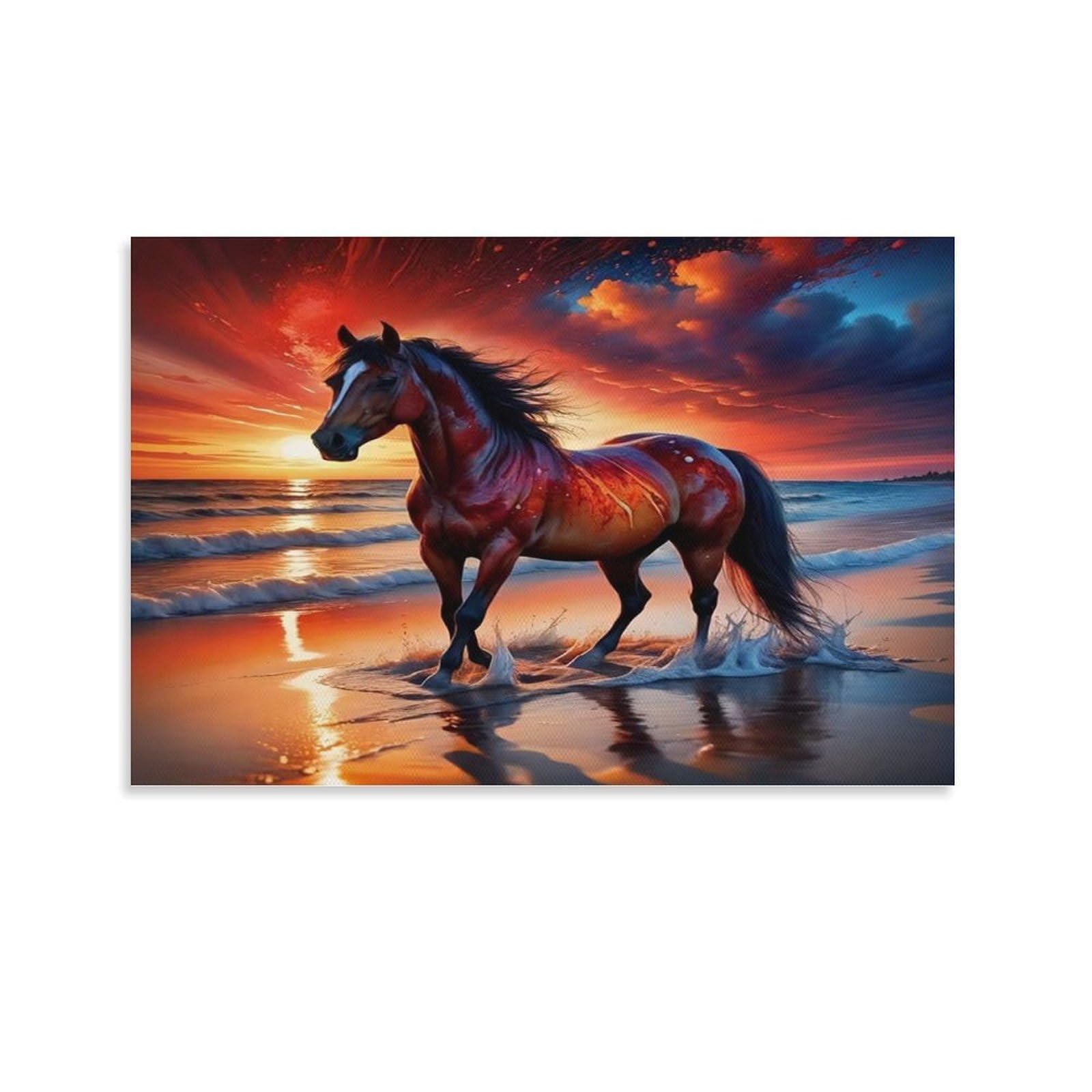 CPLVKWRQJ A Majestic Horse Stands by A Riverbank Single Sunset Beach Horse Painting Canvas Print - Living Room Gallery Wall Statement Piece Fade Resistant Ready to Hang 16x24inch(40x60cm)
