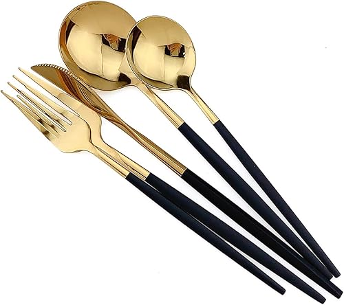 Miniatura 4 de Gugrida Juego de cubiertos de 10 piezas de acero inoxidable 304 con mango negro, tenedores dorados, cucharas, cuchillos, cubiertos pulidos con