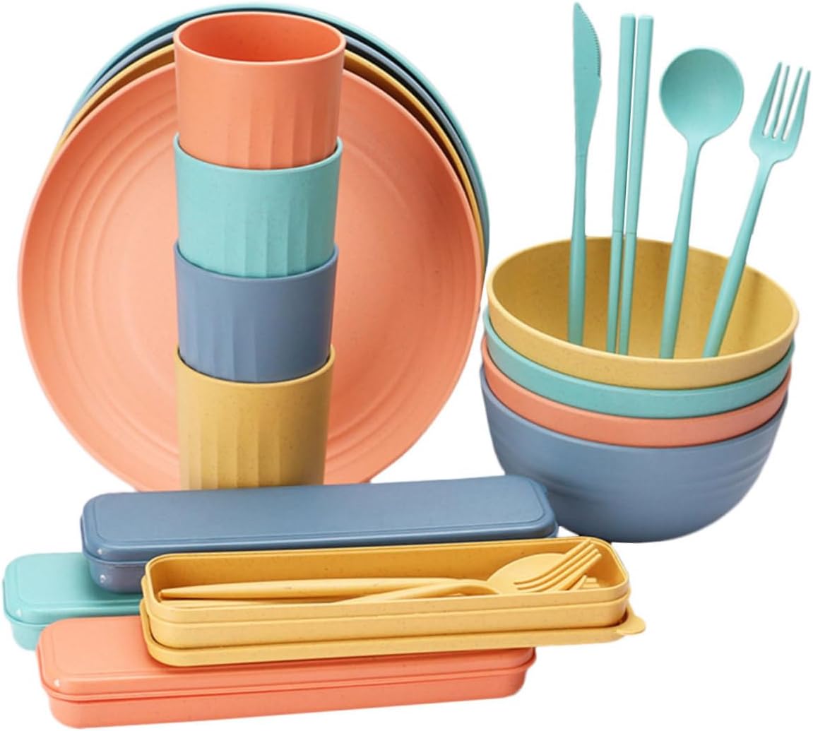 Sosoport 32-Piece Portable Wheat Straw Cutlery Set Microwave Safe Dinnerware Includes Bowls Plates Forks Spoons and Chopsticks for Outdoor Dining and Camping
