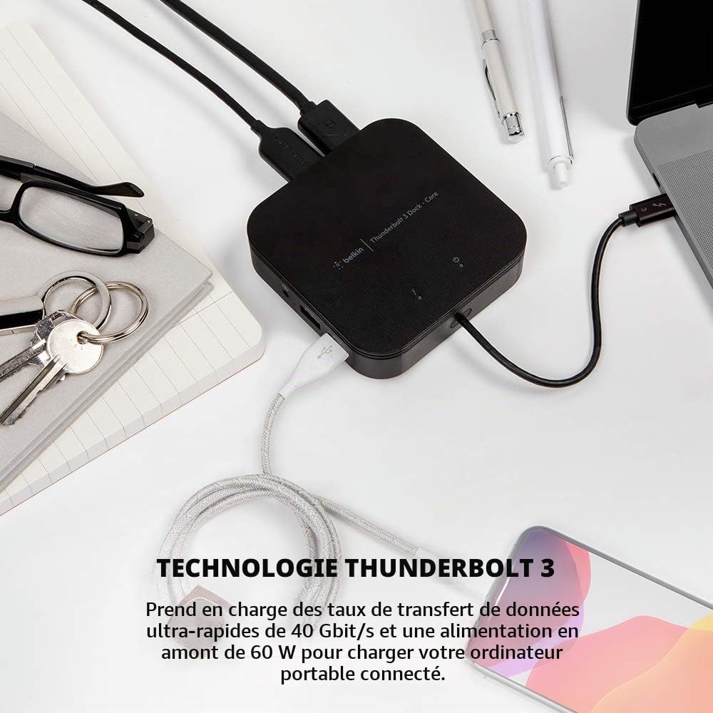 Belkin Station d’accueil Thunderbolt 3 Dock Core avec câble Thunderbolt 3 (dock pour Mac et Windows, double affichage 4K à 60 Hz, transfert de données de 40 Gbit/s, puissance de sortie de 60 W)