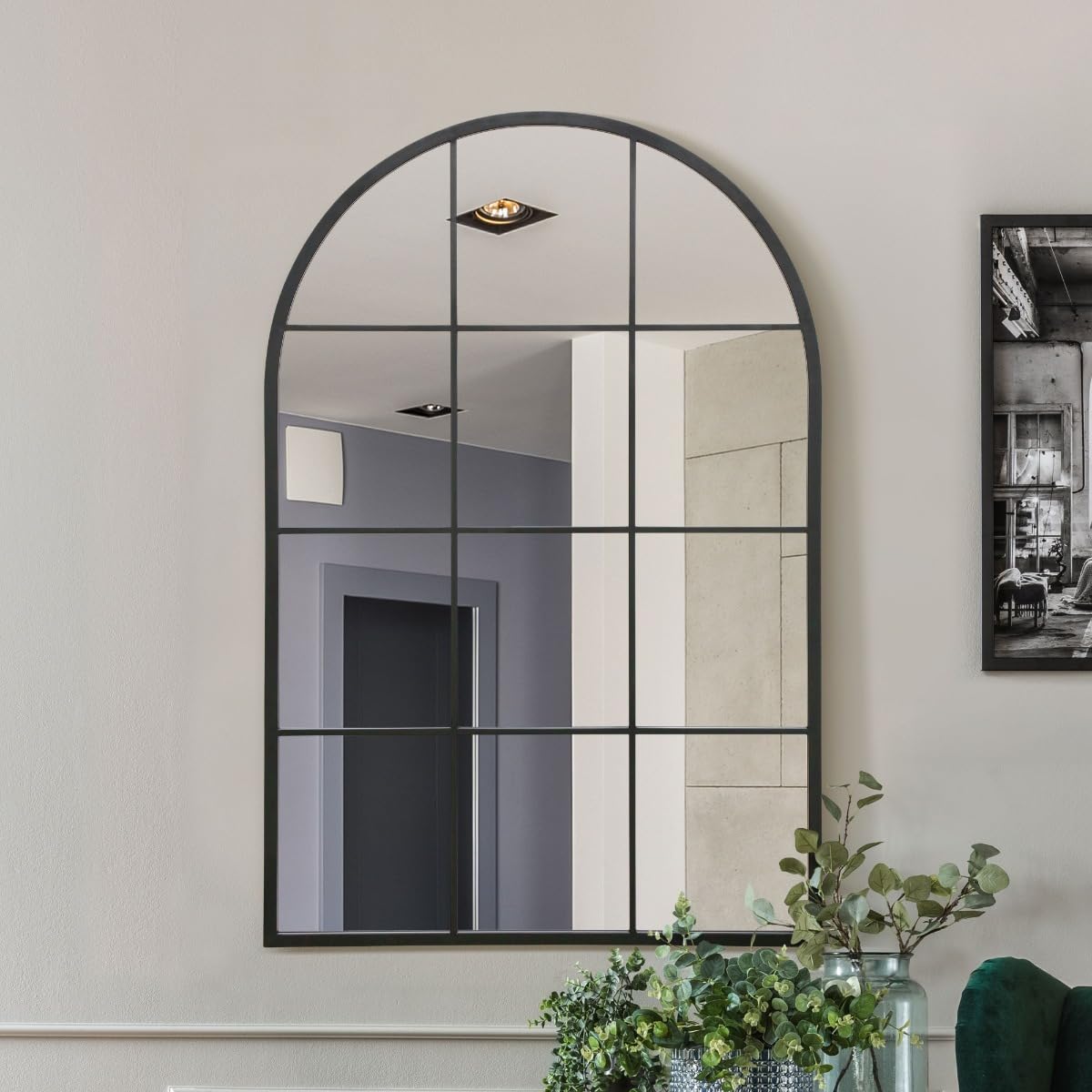 Mirroroutlet Black The Fenarc - Metal Framed Modern Arched Wall Leaner Window Mirror 47" X 31" (120Cm X 80Cm) 2Cm Wide Frame And 3Cm Deep. Perfect For Home And Garden Size 47