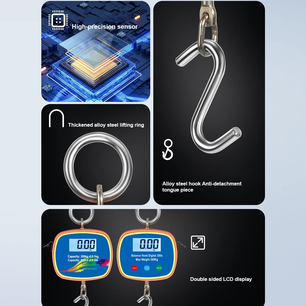 Bascula Gancho Industrial, Weytoll Báscula de Grúa Digital de 0,05 a 300 kg, Báscula Colgante Digital para Grúa Industrial, para Casa y Granja, con Conversión de Unidades, Pantalla LCD
