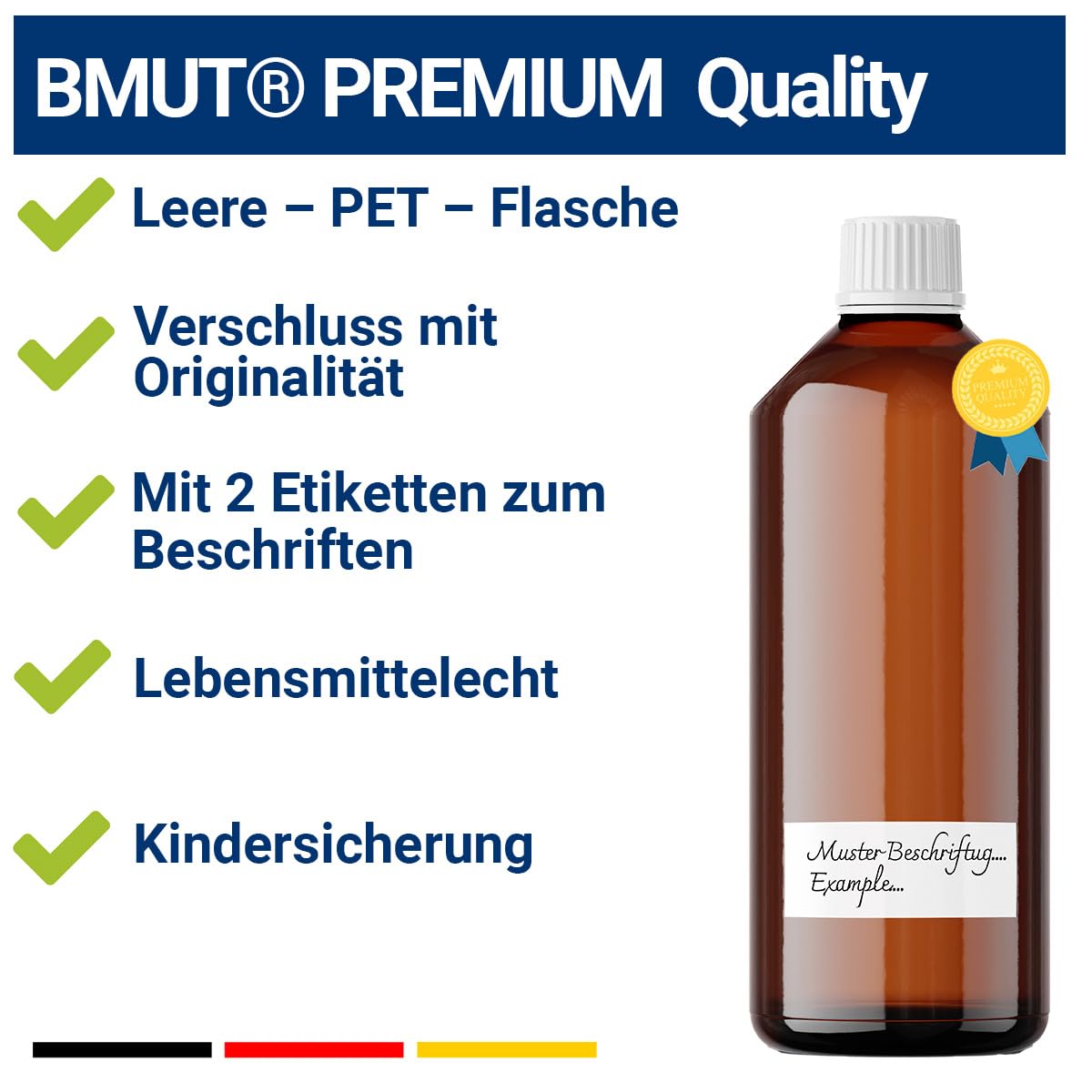 BMUT 1000ml Laborflasche 28/410 – leer – braun – Lebensmittelechte PET Leerflasche BPA-frei mit Originalitätsverschluss & Kindersicherung – Kunststoffflasche inkl. 2 wasserfester Etiketten 1L