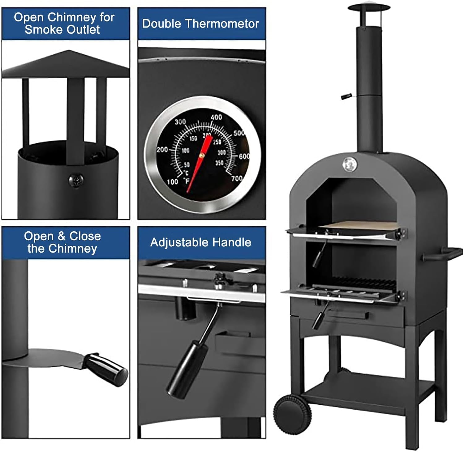 Horno de Pizza de leña para Exterior, Horno de Pizza al Aire Libre, Horno de Pizza portátil de pellets de leña con termómetro y Bolsa de Transporte, para Acampar en el Patio Trasero, Cocina