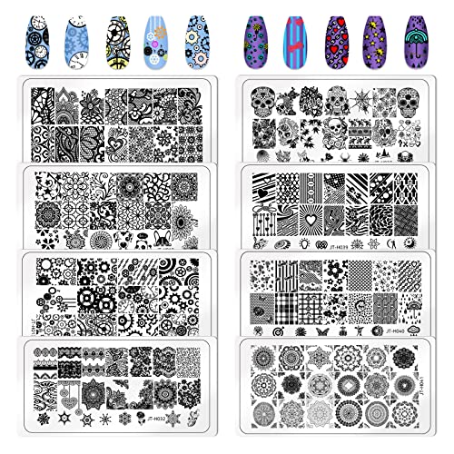 Loveourhome Nail Stamping Kit 8Pc Lace Flower Heart Skull Nails Stamps Plate Template Stencil With Clear Silicone Stamper Scraper Manicure French Design Tools #TOP7