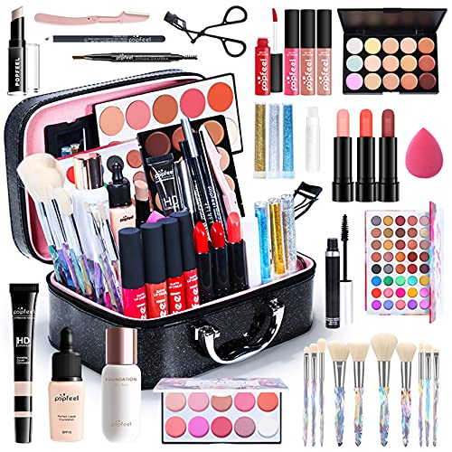 Nestling 18 Stück Professionelle Kosmetik Make-Up Pinsel Werkzeuge Kosmetik Make-Up-Pinsel-Set Mit Roll Up Pu-Leder Tasche, Holzgriff 4 Professionelles Make-up Sets, MKNZOME 34St Schminke Starter Kit mit Schminktasche Tragbare Reise Makeup Paletten Kosmetik Lidschatten Lipgloss Geburtstags Weihnachten Geschenkset