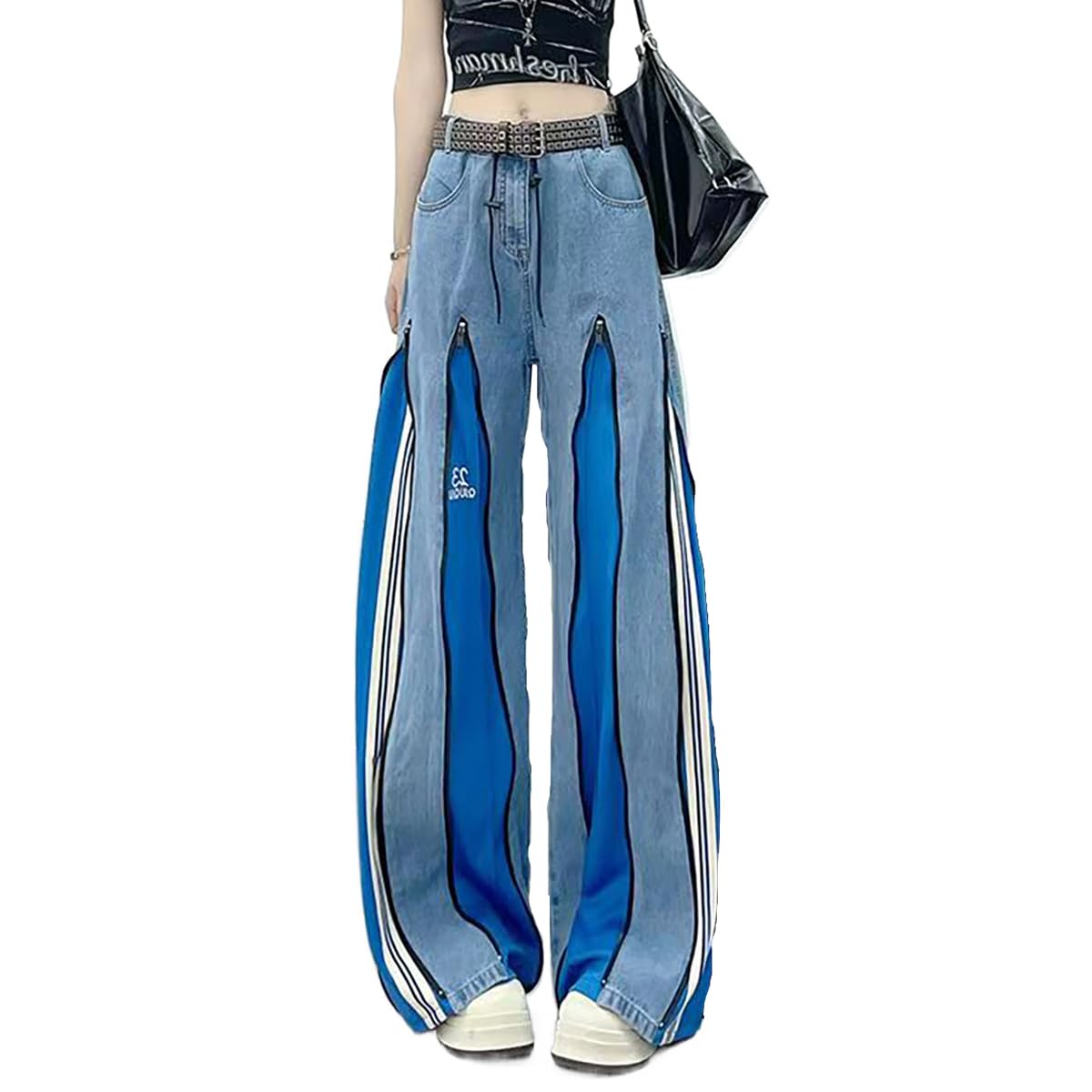 Ladies Retro American Patchwork Printed Jeans Stylish Personalized Zipper Design Loose Y2K Hip-hop Casual Pants