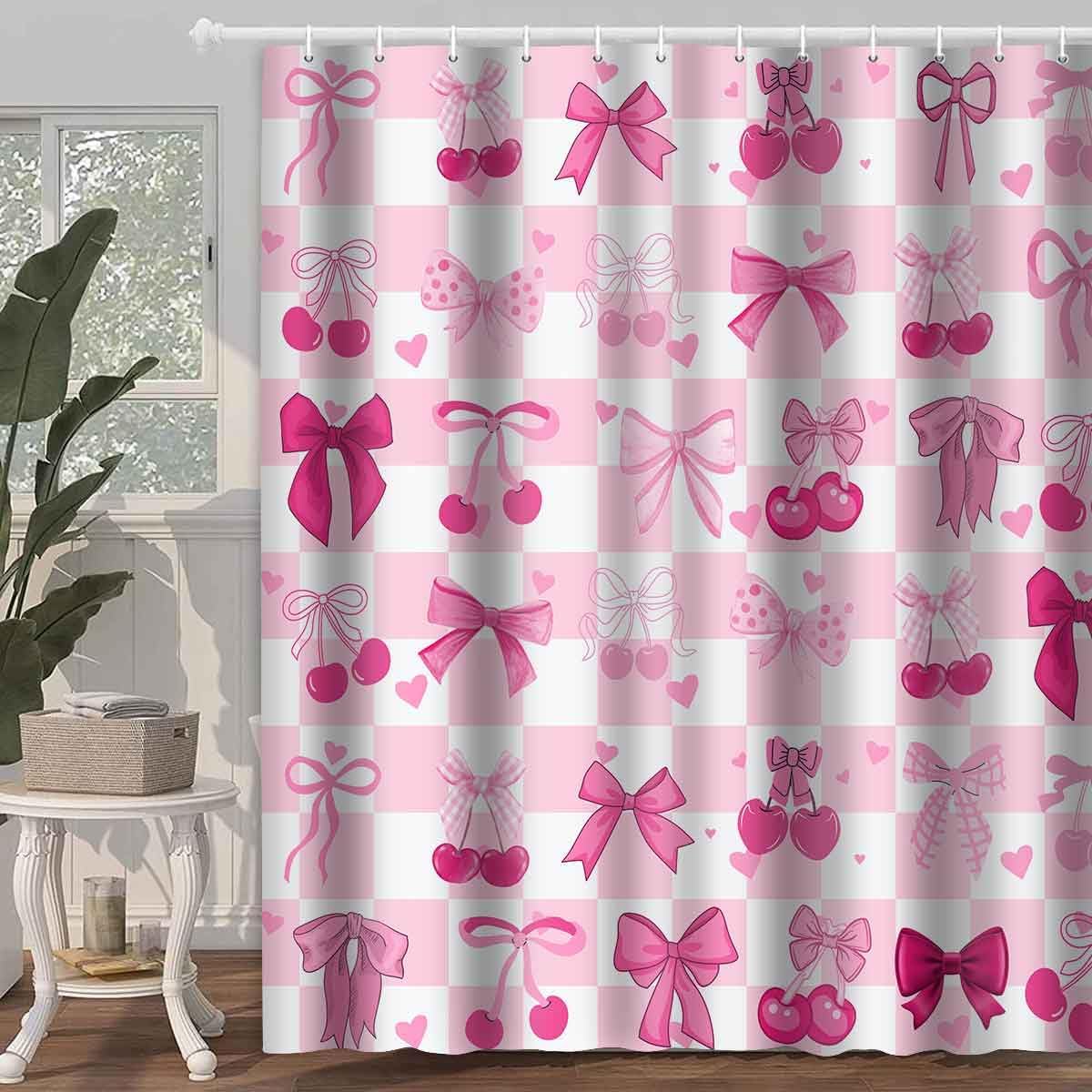 Pink Bow Shower Curtain, 72x72inch, Pink White Checkered Bow Tie Cherry Shower Curtain Sets Cute Pink Bowknot Women Girls Aesthetic Bathroom Shower Curtains Decor Set with 12 Hooks YLGJTP1