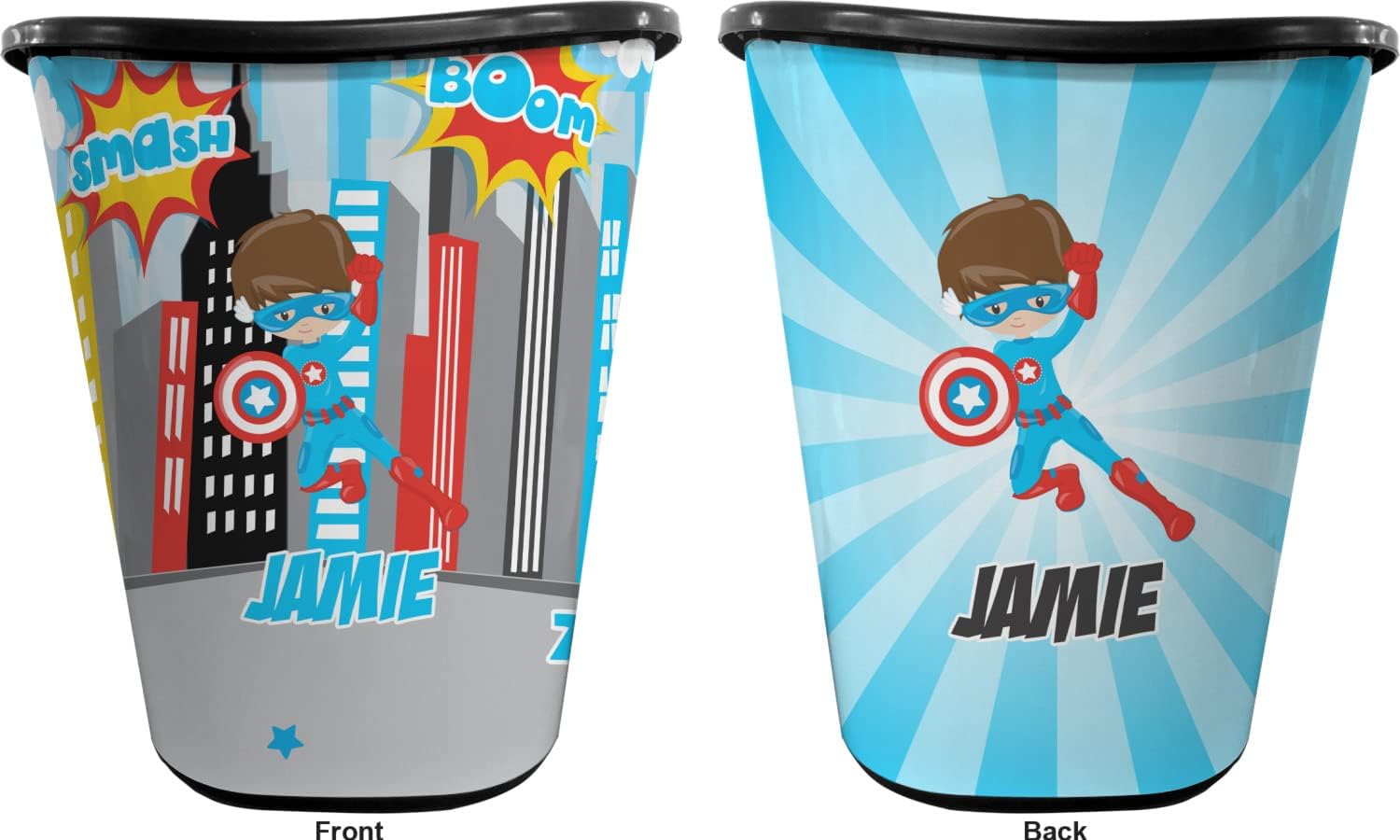 YouCustomizeIt Personalized Superhero in The City Waste Basket - Double Sided (Black)