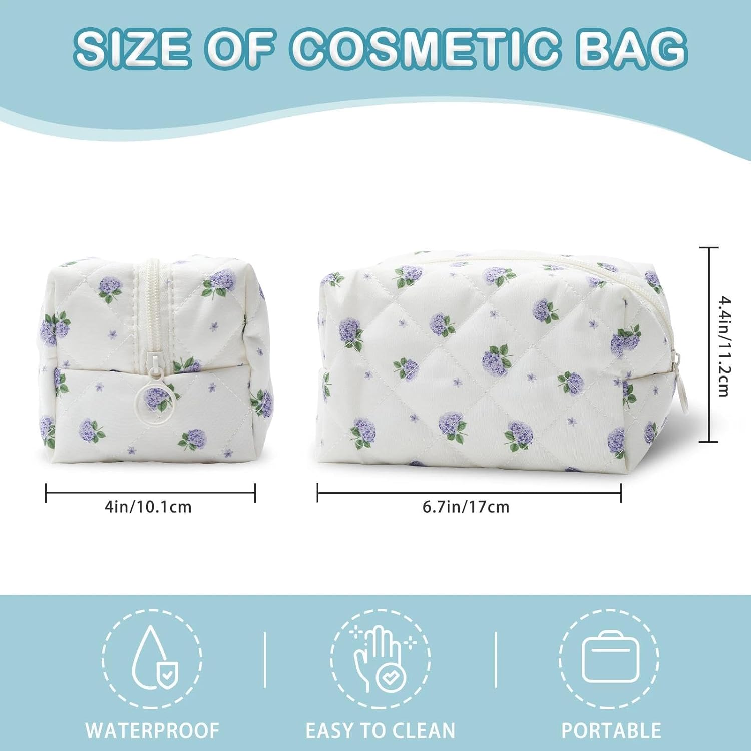 Quilted Makeup Bag, Hydrangea Cotton Cosmetic Bag, Elegant Floral Coquette Makeup Pouch for Women Girls, Coquette Aesthetic Organizer Bags Travel Toiletry Bags - Image 2