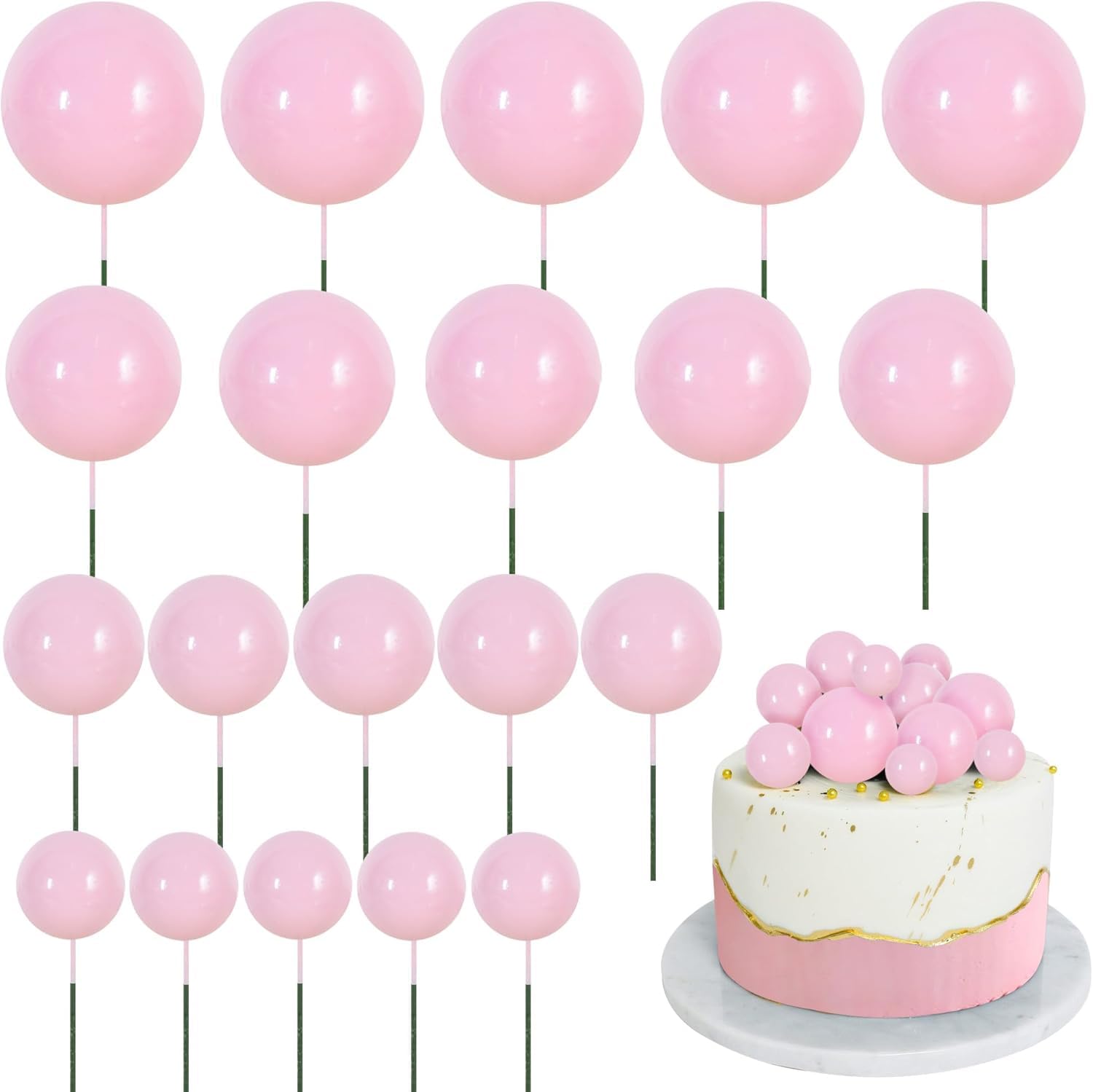 RIBBOOO 20 Pcs Ball Cake Toppers Insert Balls Cake Decorations Foam Balls Cake Toppers DIY Cake Ornament for Birthday Baking Baby Shower Anniversary and Wedding Party (pink) — image 1