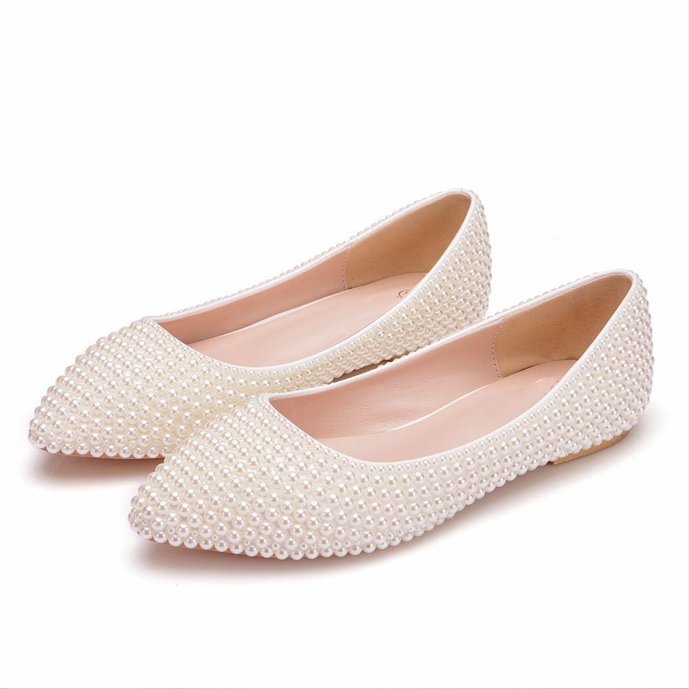 Buty ślubne damskie, eleganckie baletki z perłą, wygodne balerinki ze szpiczastym noskiem,Beige,40