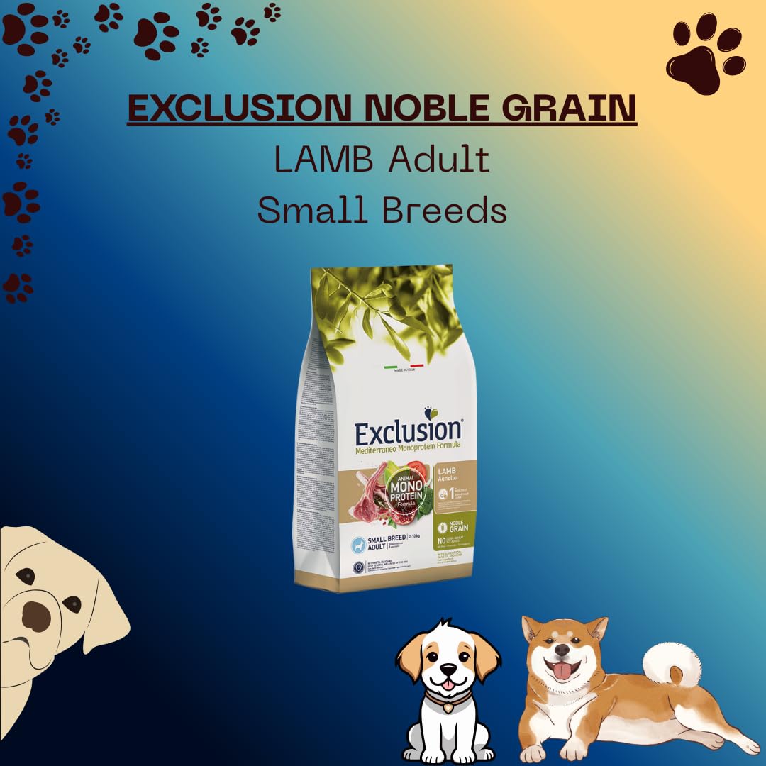 EXCLUSION Mediterraneo Noble Grain Adult Lamb Small Breeds sabor cordero | Alimento seco completo para perros adultos de todas las razas de talla pequeña, monoproteico, 1 paquete de 7 kg