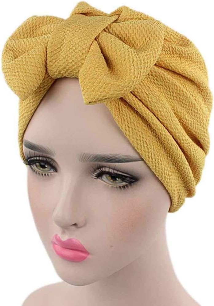 Solid Bonnet Womens Big Bowknot Stretch Hijab Turban Hat Scarf Headwear Cap Wrap Chemo Beanies Bows Hair Accessories(A)