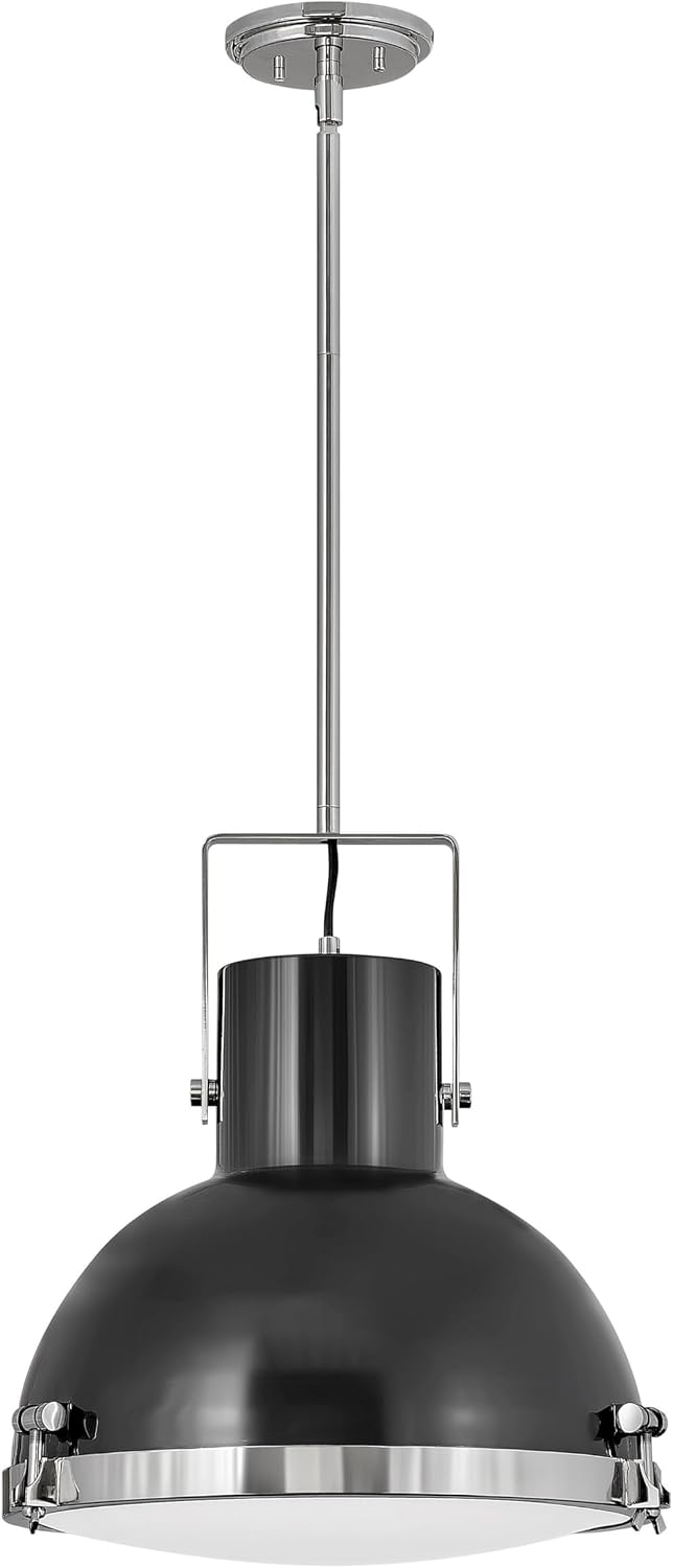 Hinkley Nautique Medium Single Light Pendant – Adjustable Height, Industrial, Coastal, Etched Opal Glass – Polished Nickel with Heritage Brass Accents