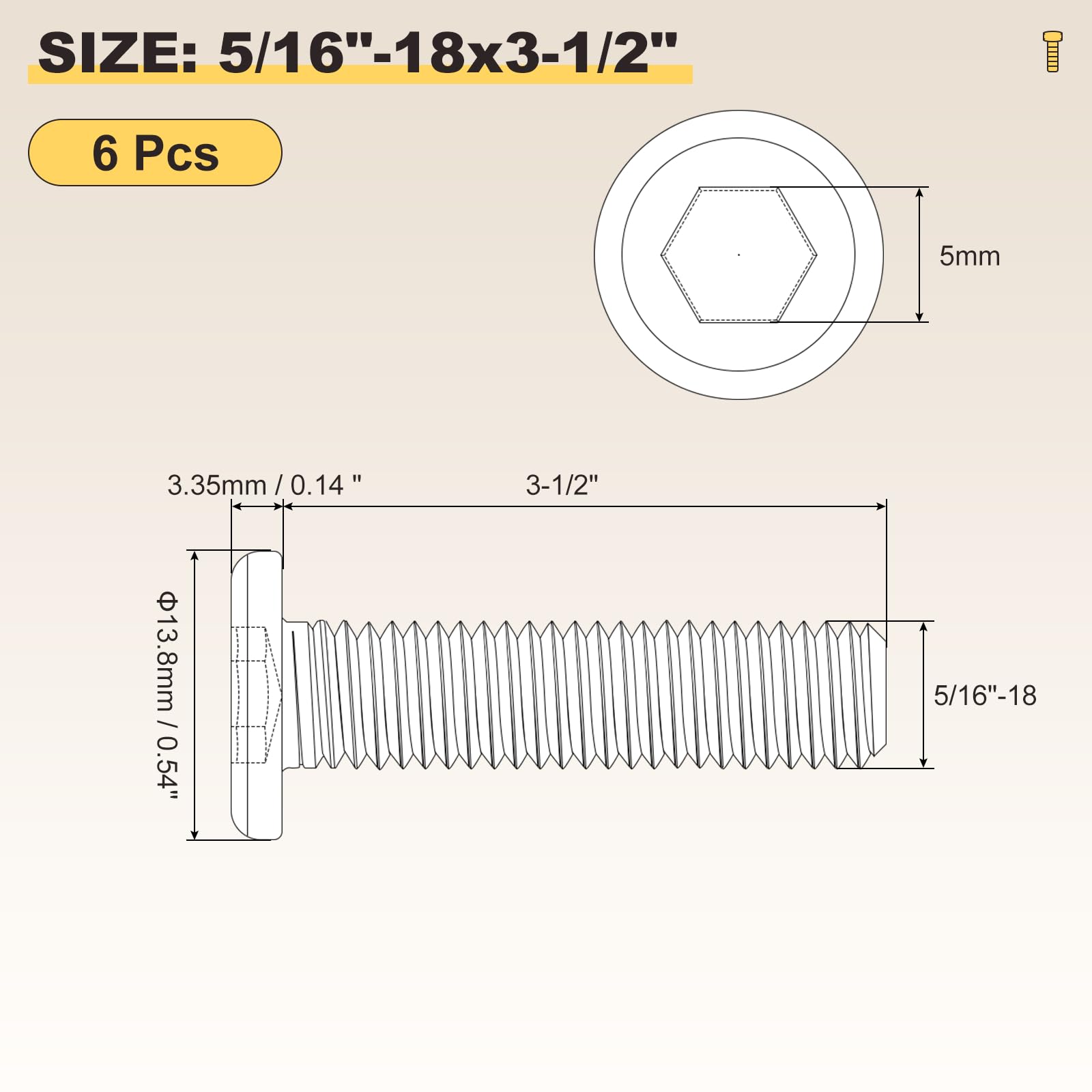 METALLIXITY Flat Head Hex Socket Cap Screws Bolts(5/16"-18x3-1/2") 6Pcs - Image 2
