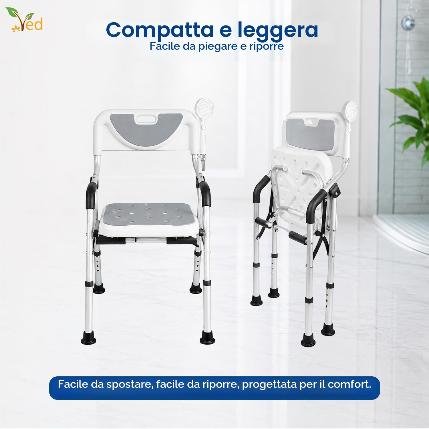 Sedia da doccia VED Stool, sedia da doccia pieghevole per vasca da bagno, sedile da bagno portatile con gambe in alluminio resistenti, regolabile con schienale per bagno.