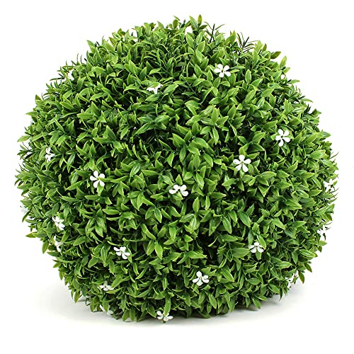 17.7 Inch Artificial Plants Outdoor Boxwood Topiary Ball With White Flowers For Backyard, Garden, Porch, Wedding, Party Indoor/Outdoor Home Decor #TOP4