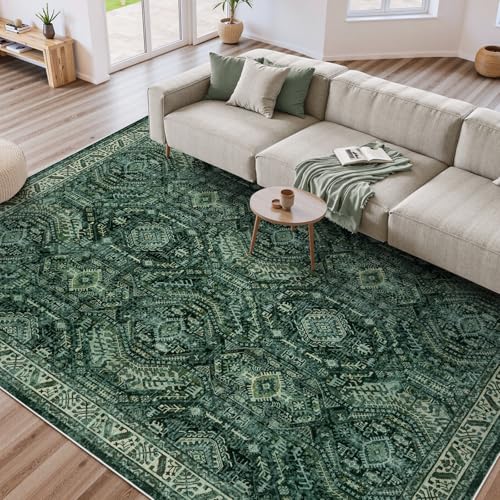 Image of Nailttos Green Area Rug 9x12 Living Room, Foldable Large Area Rug for Living Room, Non-Slip Stain Resistant Machine Washable Floral Rug for Bedroom Dining Room Kids Playroom Home Decor
