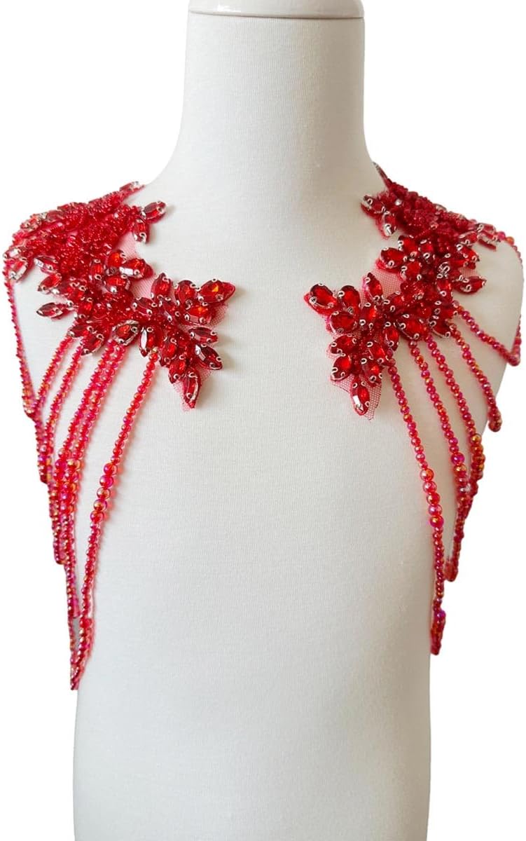 1 Pair Beaded Rhinestones Applique Embellishment for Clothes Epaulettes Shoulder Patches Sew-on Diamond Sequin Tassels Applique for Wedding Dress DIY Accessories 9.8X10.2inches (Red)