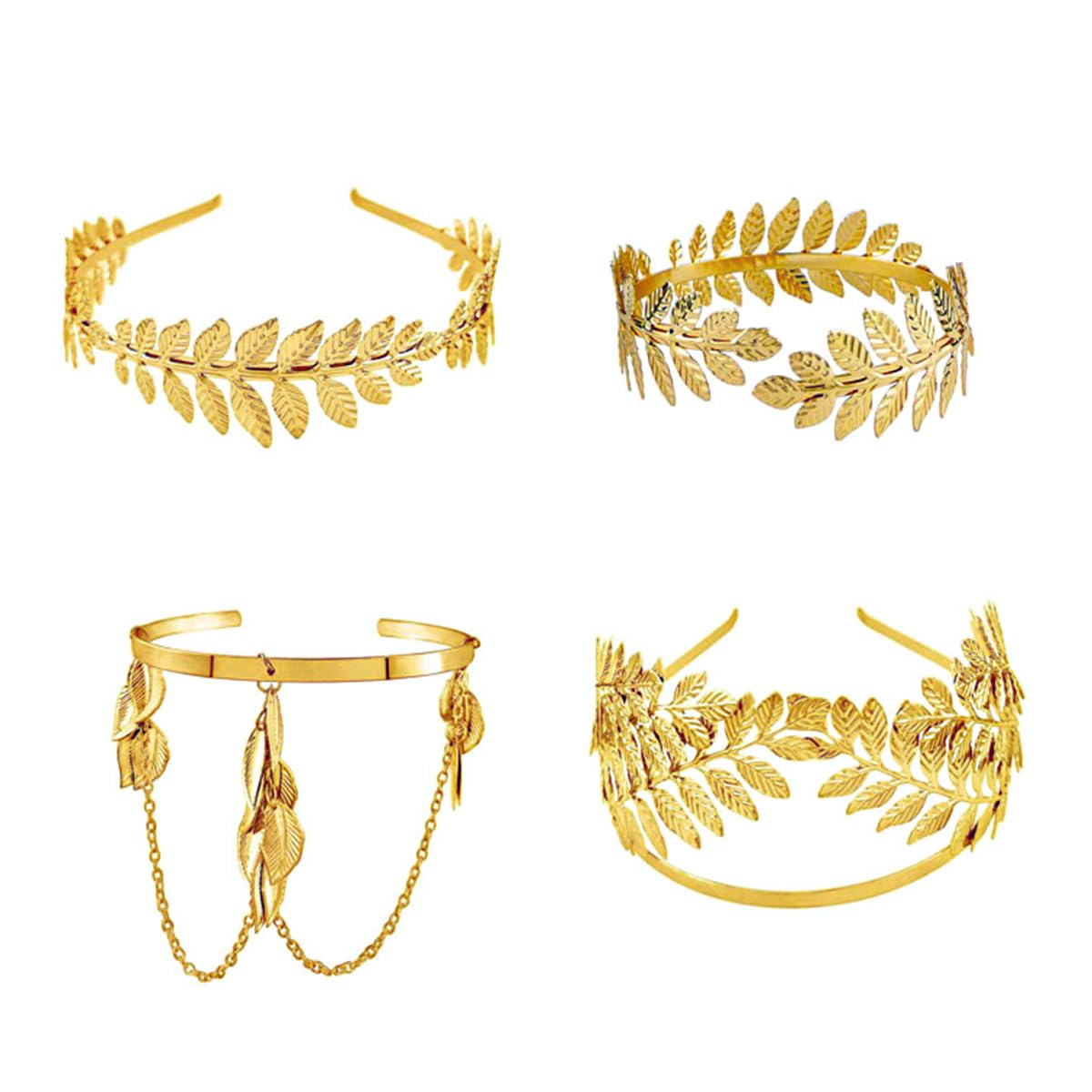 Alnicov 4 Uds., accesorios de diosa griega, corona de hojas doradas, brazalete de hojas doradas, pulsera de laurel romano, diadema de hojas