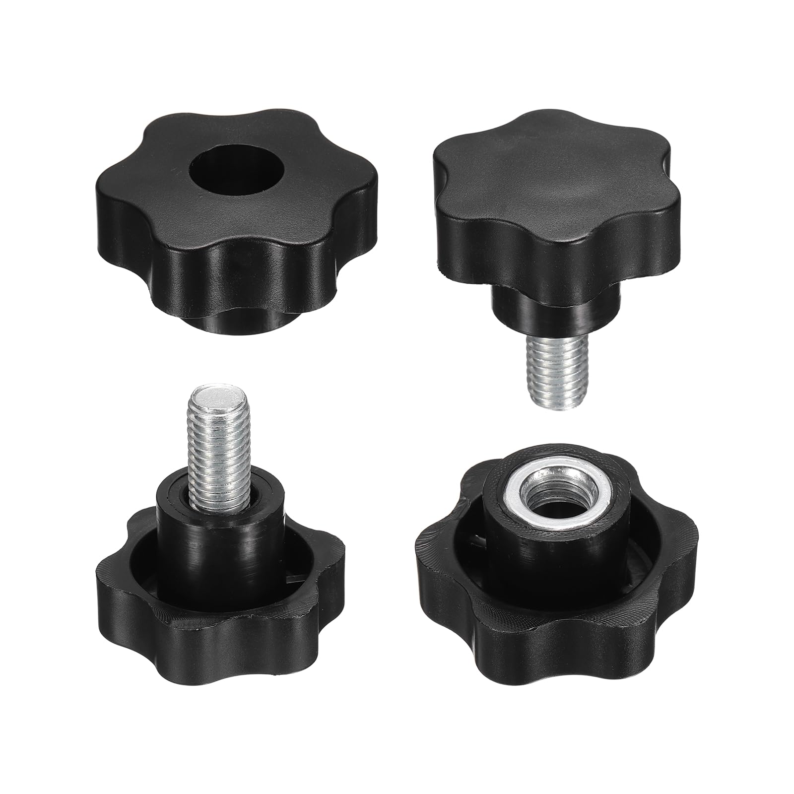 sourcing map 2 Set Star Knobs M12 x 20mm Male + M12 Female Thread 48mm Head Metric 6-Star Threaded Stud Clamping Handles Screw in Through Hole Hand Jig Knob Thumb Screws, Black โ image 1