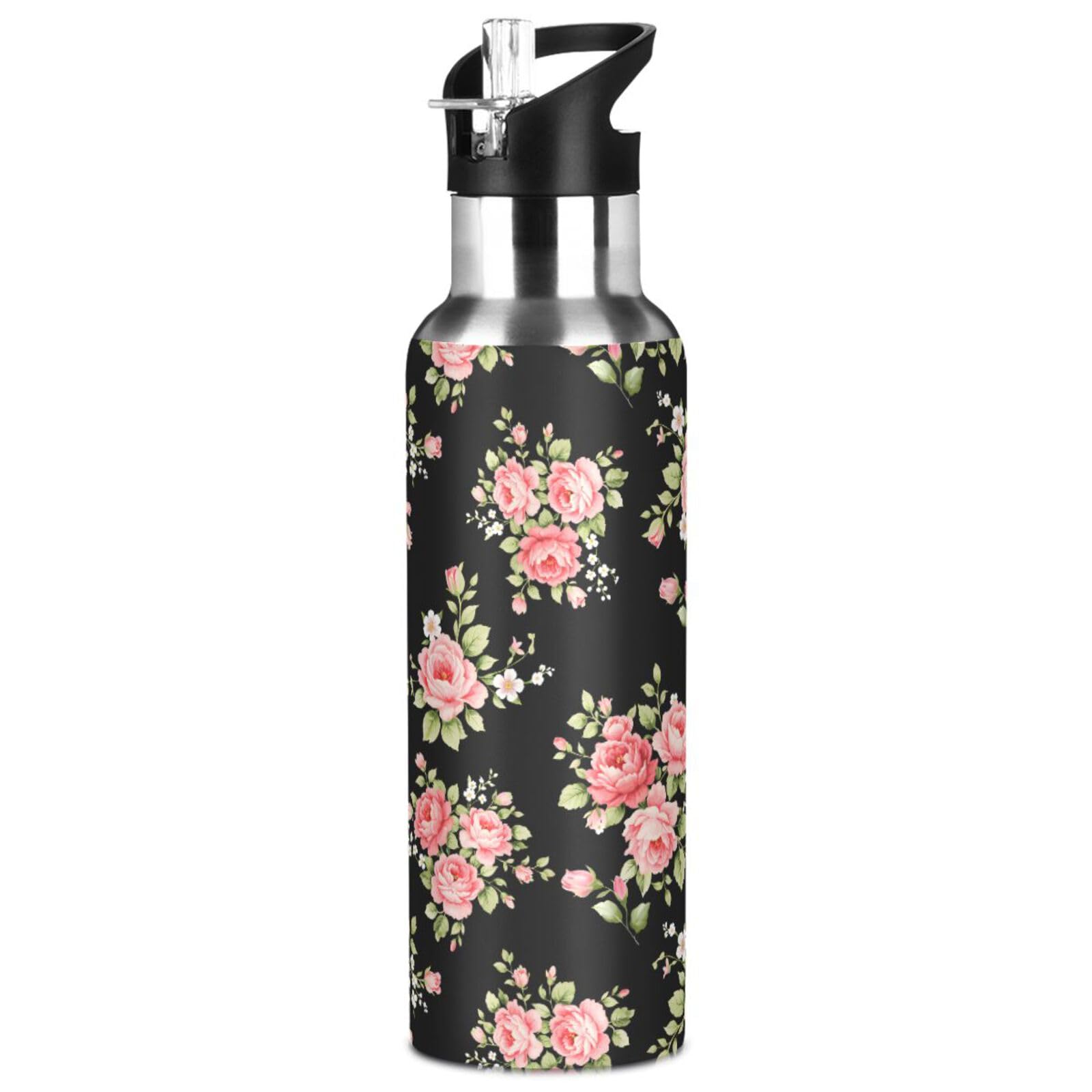 Amazon.com: Pink Rose Flower Floral Water Bottle with Straw Lid