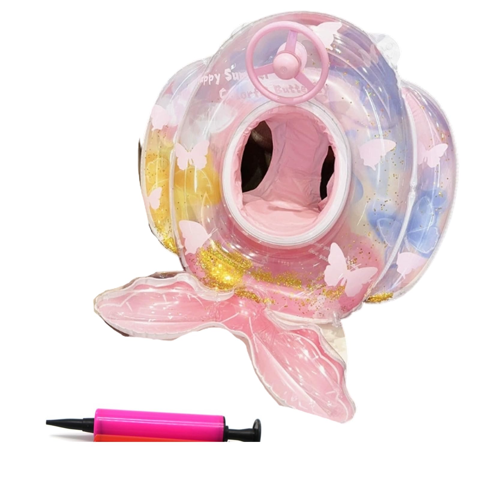 Vspek Baby Swimming Ring Butterfly, Inflatable Pink Swimming Float with Steering Wheel Horn Seat, Summer Pool Float Swim Ring Beach Supplies โ image 1