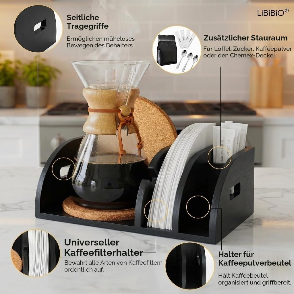 3er-Set: Kaffeefilterhalter + Löffel + Beutel für gemahlenen Kaffee - Schwarz - Ideal als Filterkaffeemaschine/Küchenecke/Geschenkidee (Filtertütenhalter Halter für Kaffeefilter Filtertüten-Spender)