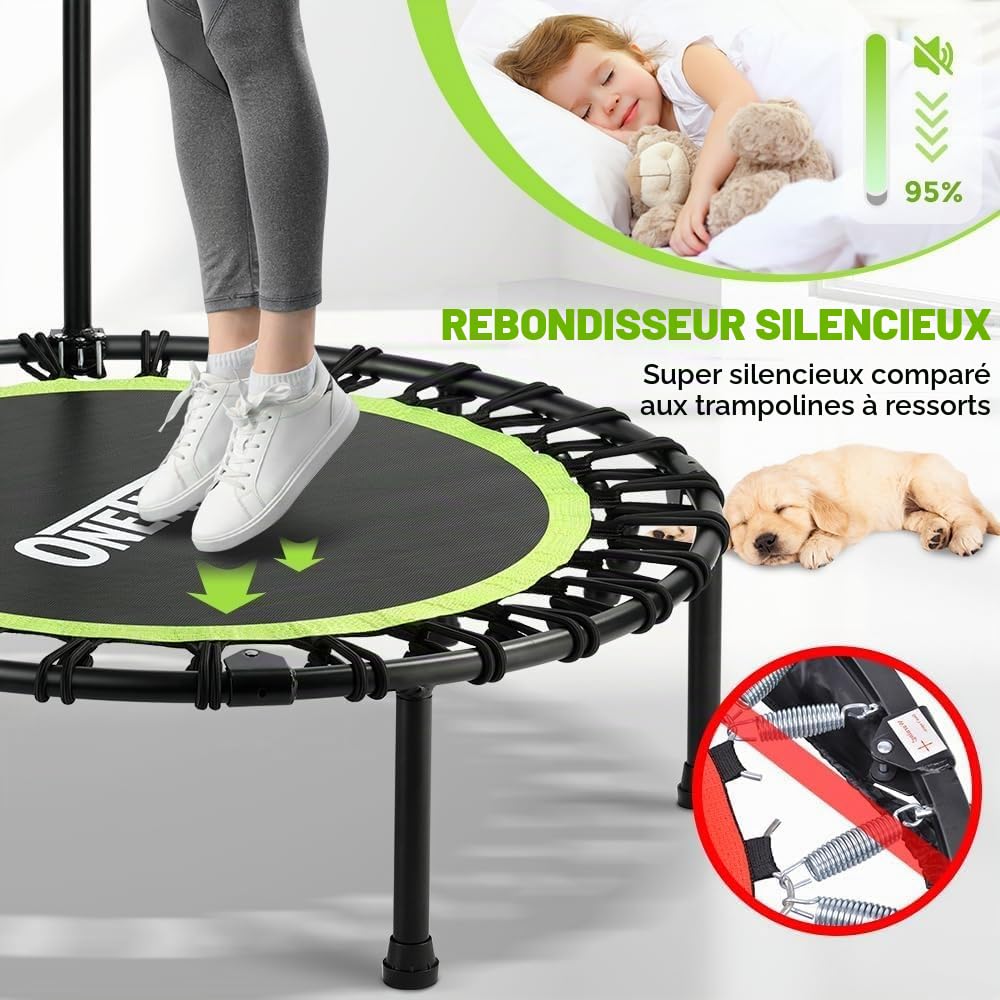 ONETWOFIT Trampoline Pliable pour Adulte, 101/107/114 cm Mini Trampoline de Fitness avec poignée en Mousse réglable, Bungees, Exercice Silencieux pour l'intérieur Personnel