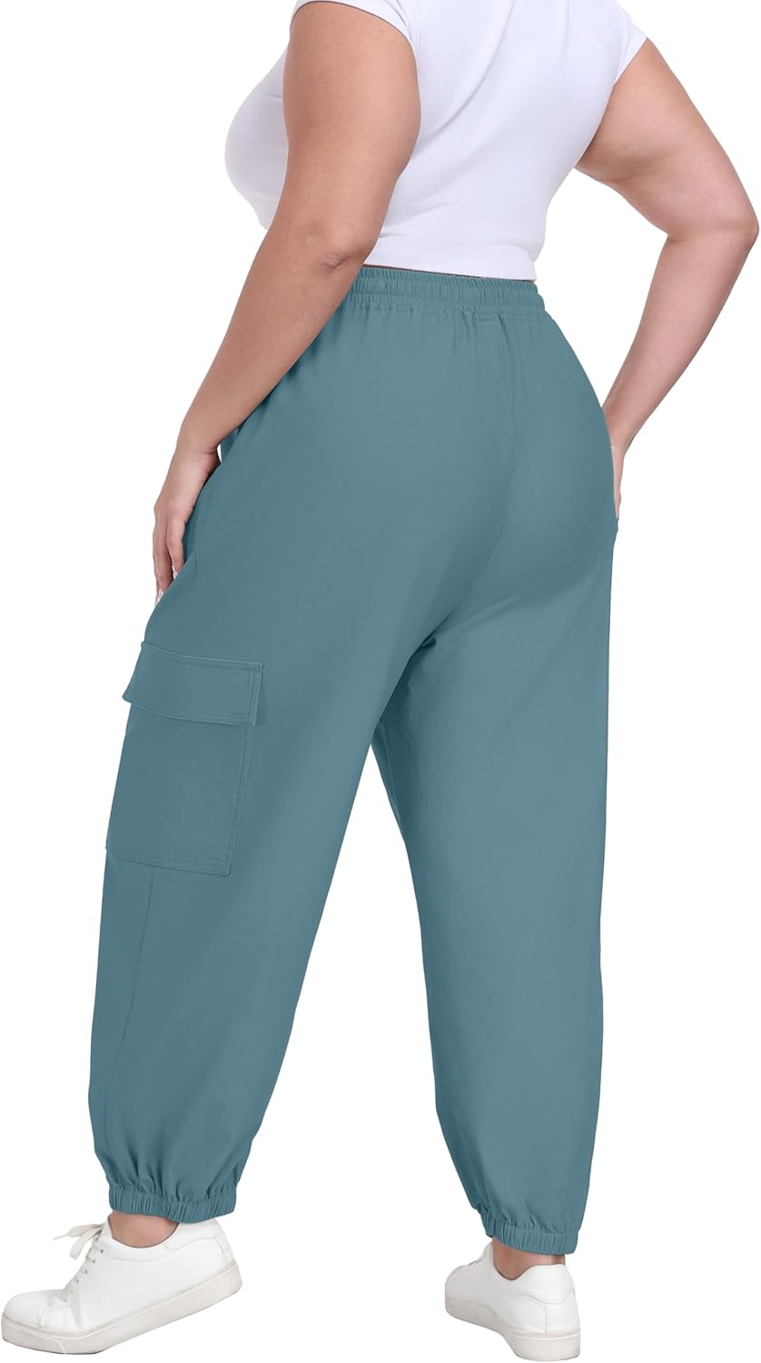 OLRIK Plus Size Cargo Pants for Women Adjustable Drawstring Joggers Casual Loose Baggy Trousers with Pockets Gray Blue-4X - Image 3