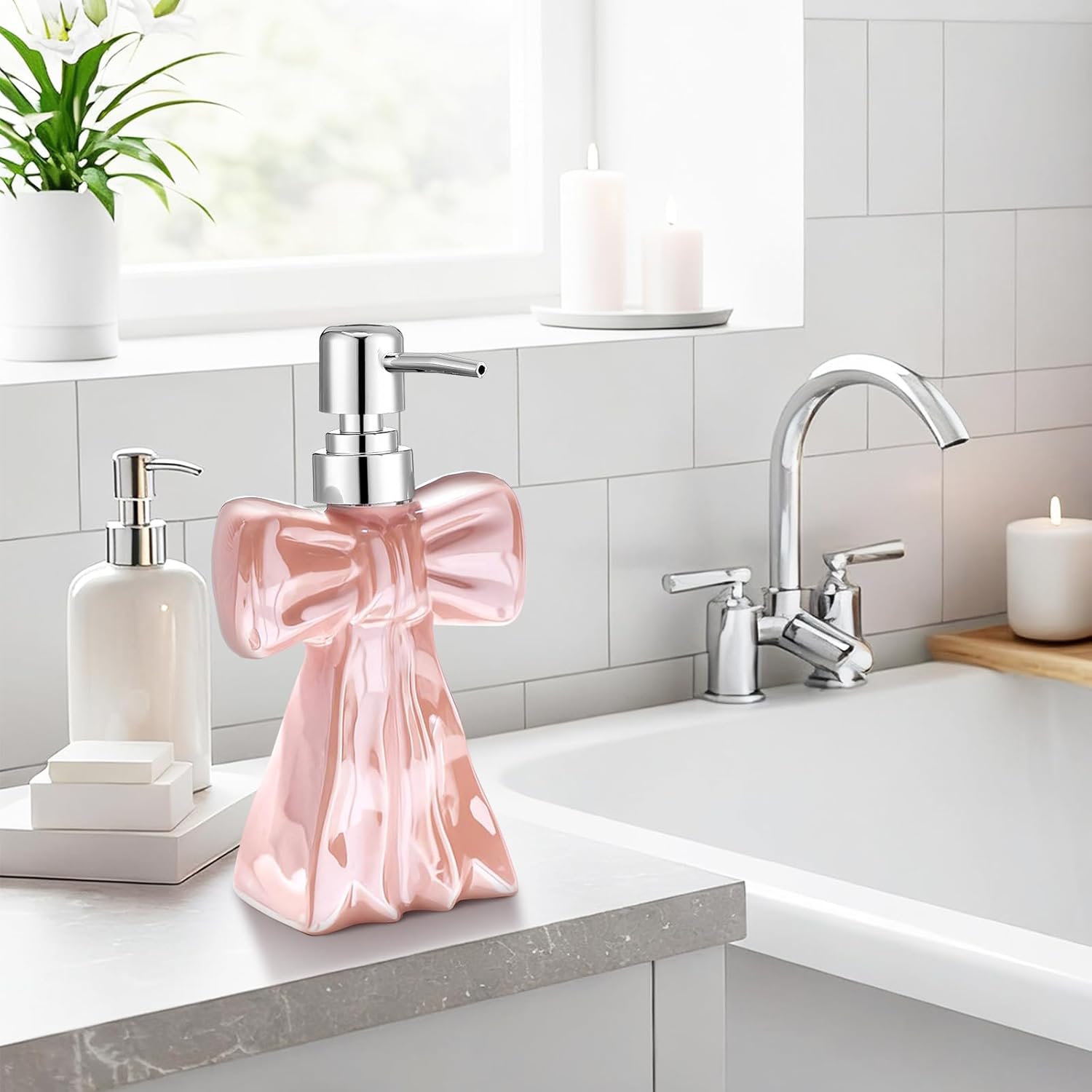 3D Ceramic Pink Bow Soap Pump Dispenser Hand Lotion Liquid Dispenser Refillable Bathroom Decor Cute Countertop Accessory for Kitchen Restroom Decorative - Image 6
