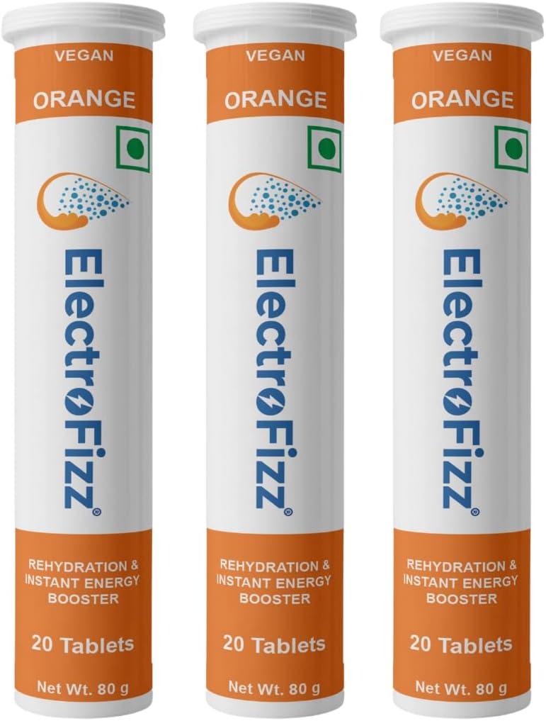 ElectroFizz Electrolyte Instant Energy and Hydration Sports Drink - 60 Effervescent Tablets (Pack of 3 tubes) - Lemon Flavor (Orange)