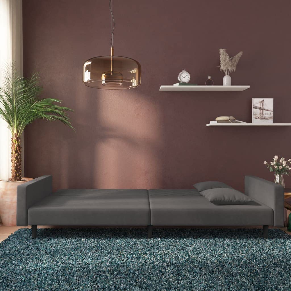 Sofa do spania 2-osobowa z 2 poduszkami ciemnoszarym aksamitem, rozkładana, funkcja relaksu, łóżko dla gości, nowoczesne wzornictwo, styl skandynawski, do salonu, biura, salonu, salonu