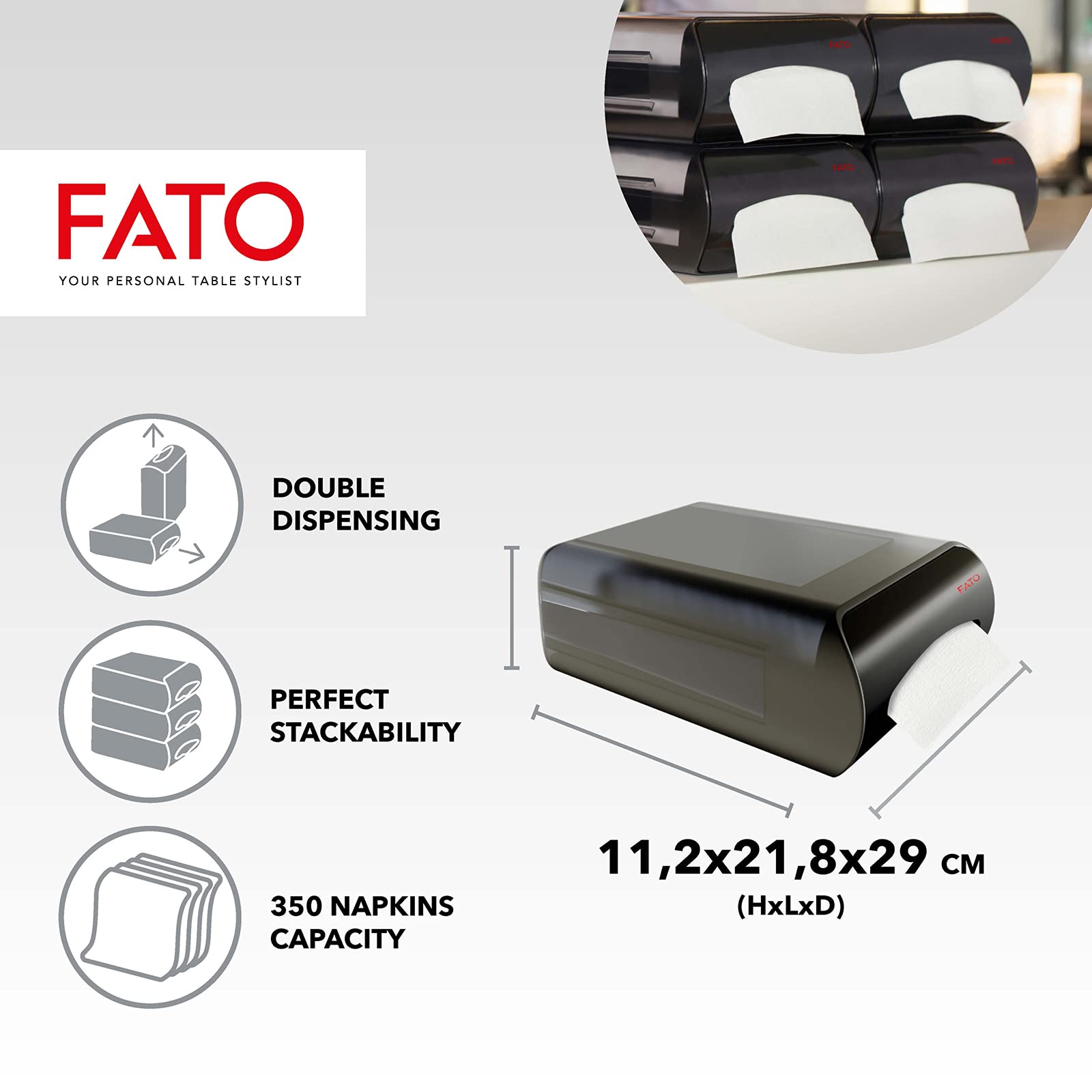 Fato - Dispensador de Servilletas Apilable Counter Mod para Servilletas Intercaladas 16x24, Sistema Nap-by-Nap, Uso sobre mesa o mostrador, ABS, Color Negro