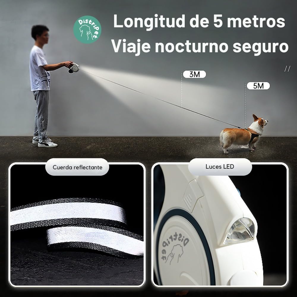 Guinzaglio per cani estensibile, cinghia retrattile e arrotolabile 5 m per cani di piccola e media taglia. Include dispenser di sacchetti e luce LED con 3 batterie. Peso massimo consigliato
