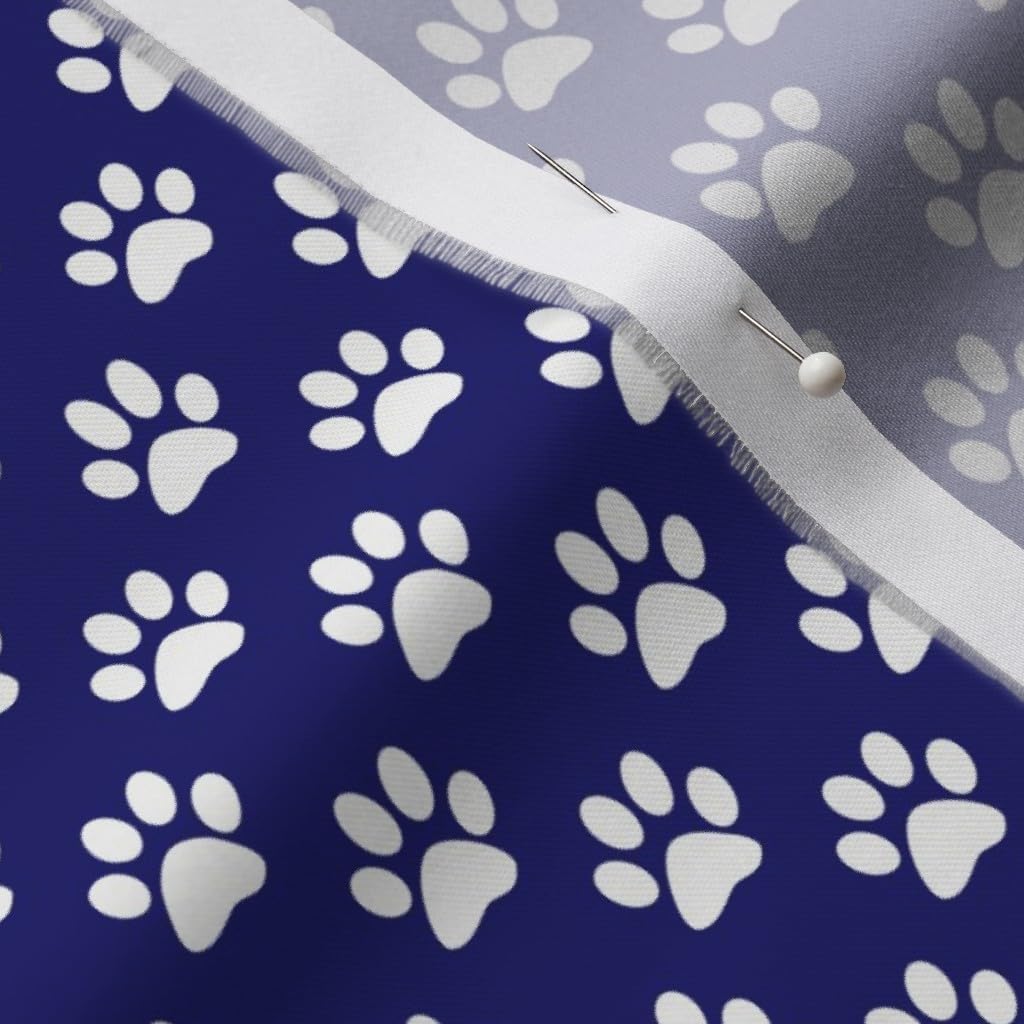 Spoonflower Fabric - White Paw Prints Midnight Blue Dogs Cat Kitten Puppy Print Animal Printed on Organic Cotton Sateen Fabric by The Yard - Sewing Quilting Apparel Home Decor