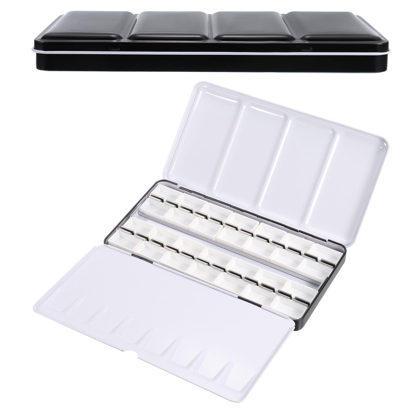 PATIKIL Paleta de acuarela vacía lata de metal con 28 compartimentos y tapa estuche de pintura con 28 godets completos para pintura al gouache y óleo negro 28 compartimentos