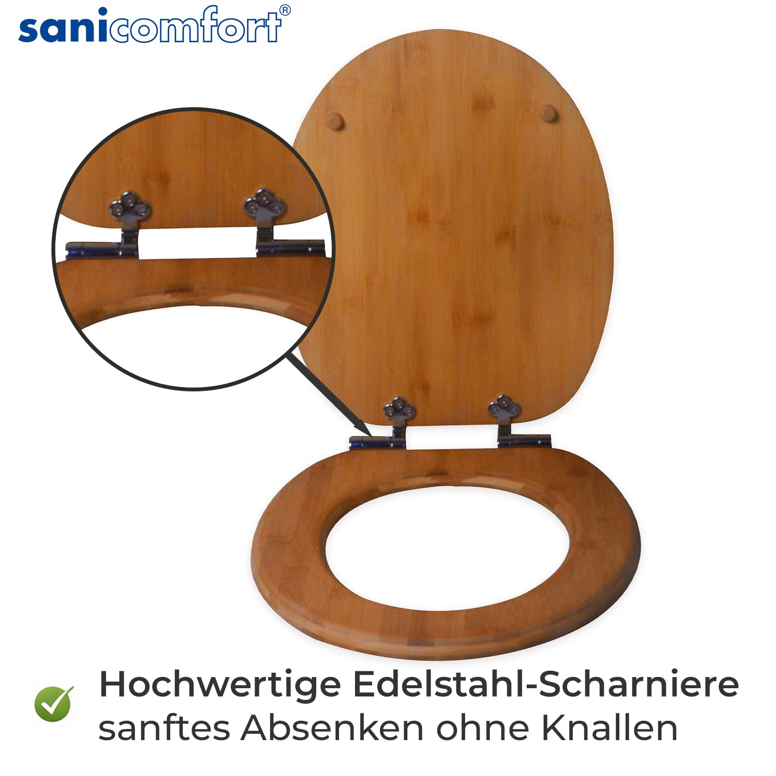 sanicomfort WC-Sitz Bambus mit Absenkautomatik | Toilettensitz aus Echtholz | Soft-Close | Antibakteriell, belastbar, oval, universell | Edelstahl-Scharniere – dark