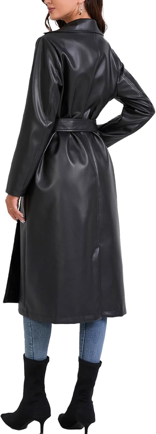 SEMATOMALA Women's Black Faux Leather Long Coat PU Leather Notched Lapel Trench Coat Open Front Maxi Jacket Overcoat - Image 6