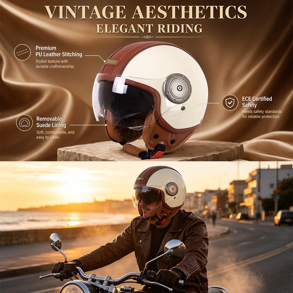 Retro 3/4 otwarty kask motocyklowy, ECE 22.06, lekka powłoka ABS, detale ze skóry PU, wyjmowana wyściółka wewnętrzna, z osłoną twarzy, unisex, do miejskich i wiejskich dróg, M-L (57-60 cm)