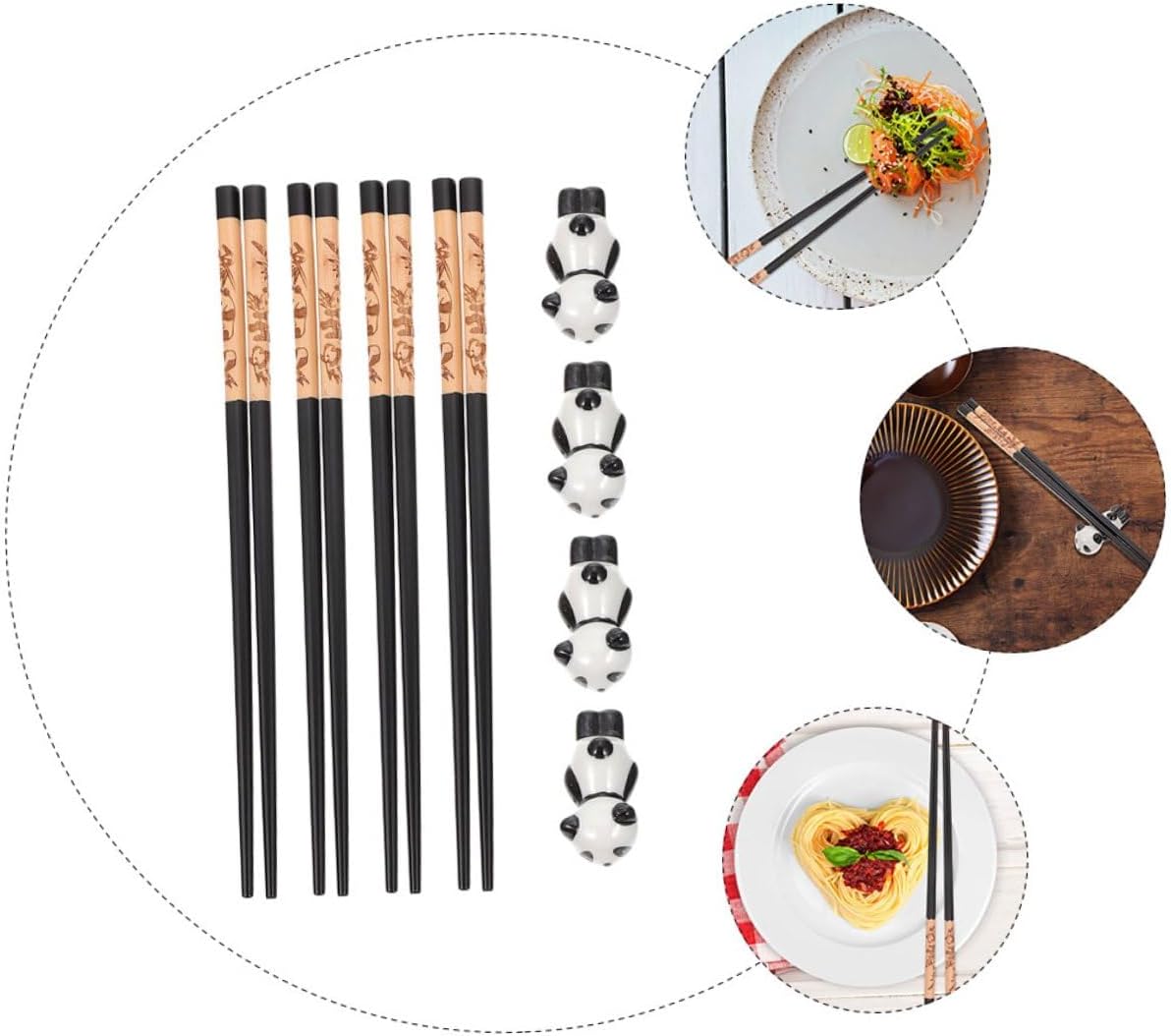 12pcs Ceramic Chopsticks Set with Panda Design, Wooden Beginner Chopsticks with Heat-resistant Ceramic Rest for Asian Dining and Home Kitchen Use