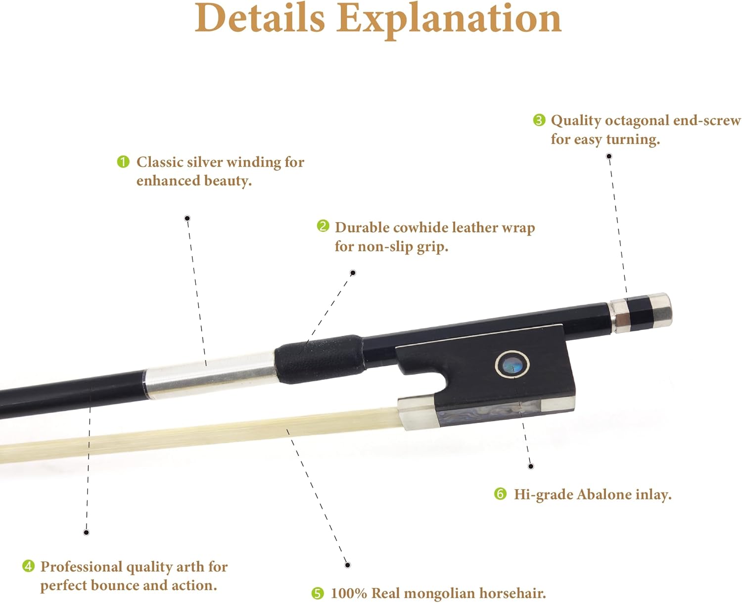 Carbon Fiber Violin Bow,Anti-Deformation,Durable and well balanced, Made with bouncy Mongolian Horse Hair,For Professional, Beginner, Adults, Kids Violins Practice (3/4)