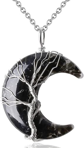 MAIBAOTA Collar de Cristal Curativo, Collar de Luna Creciente con Árbol de la Vida envuelto en alambre, Collares con Colgante de Piedra Natural,