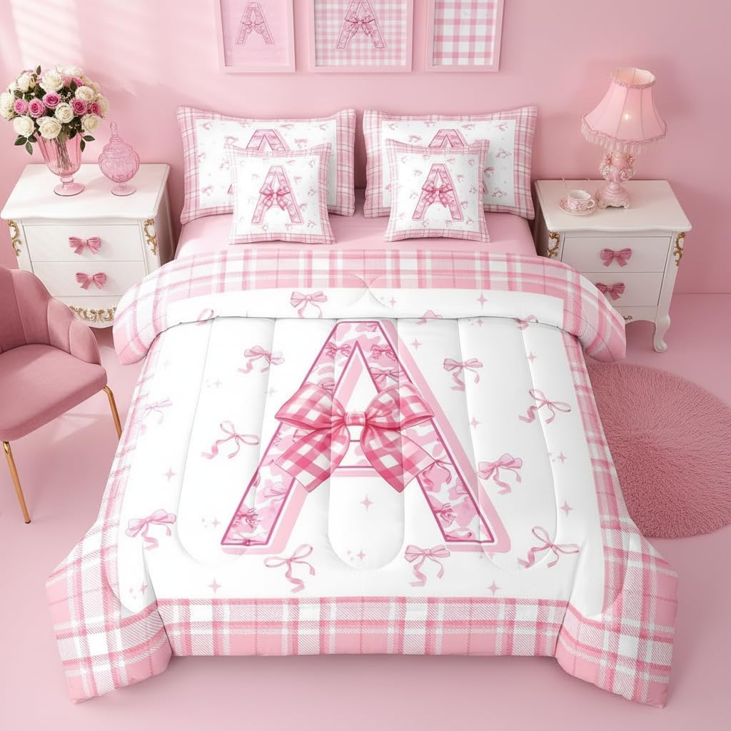 Erosebridal Initial Letter A Comforter Set 7 Piece Bed in A Bag Twin,Pink Bow Bedding Set for Kids Boys Girls Adults Cute Alphabet Bows Comforter and Sheets Kawaii Fashion Plaid with Pillowcases